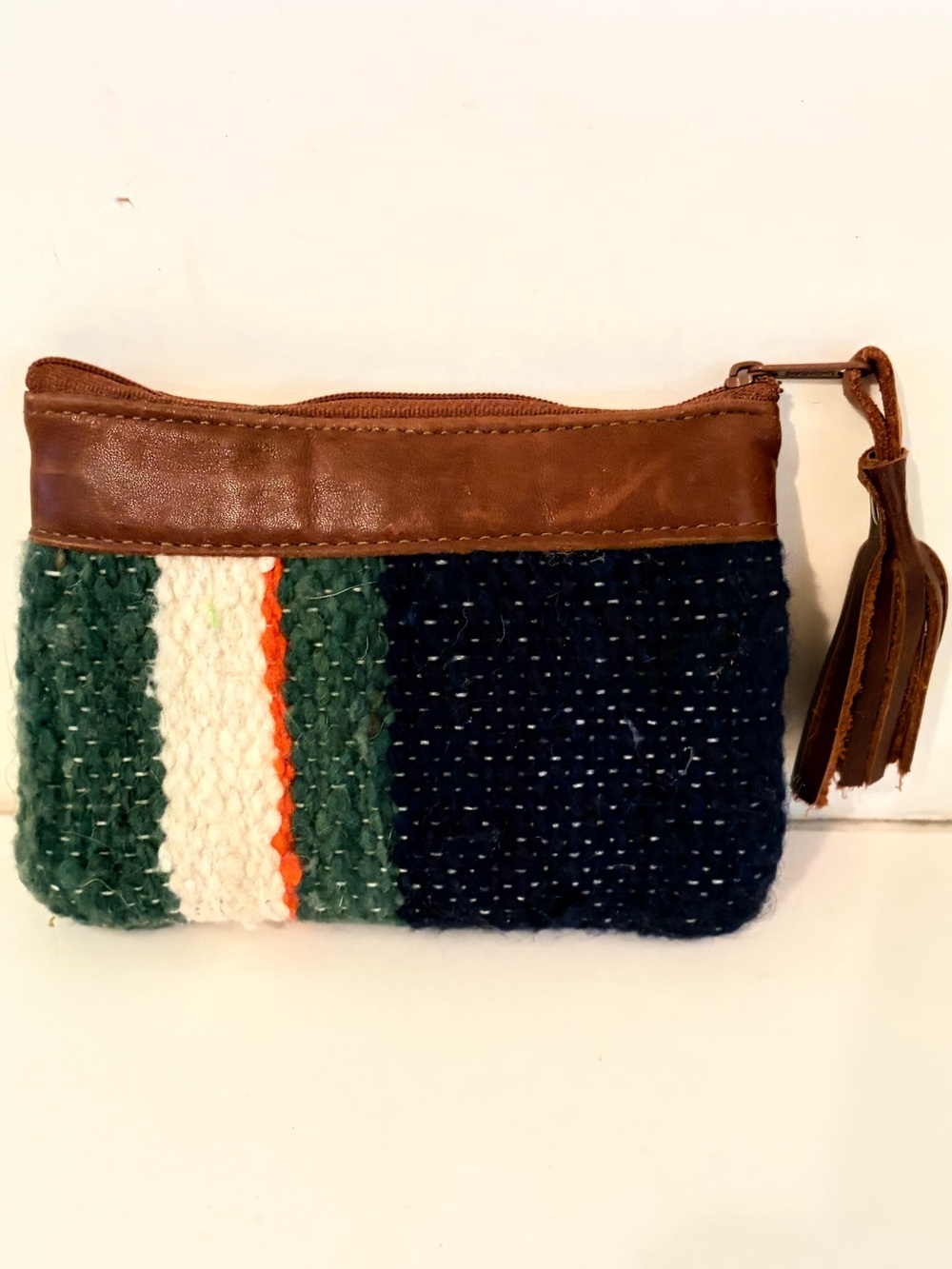 Striped Woven Wool with Leather Trim & Tassel Makeup Pouch Coin Purse Wallet